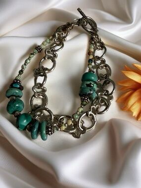 New Sterling Turquoise Multi-Chain Statement Toggle Bracelet Hand Crafted
